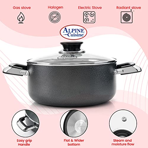 Alpine Cuisine 5.5 Quart Non-stick Stock Pot with Tempered Glass Lid and Carrying Handles, Multi-Purpose Cookware Aluminum Dutch Oven for Braising, Boiling, Stewing