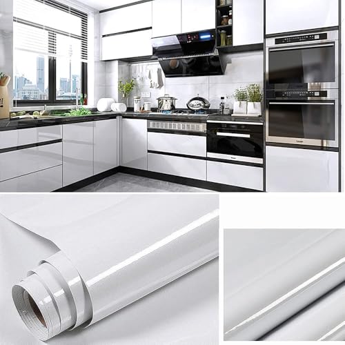 Shiny White Wallpaper peel and Stick Wallpaper Glossy Self Adhesive Removable Wall paper 15.8" X 78.7"Waterproof Countertop Paper White Contact Paper for Cabinet Countertop Furniture Kitchen Vinyl
