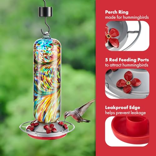 Twinkle Star Hummingbird Feeder Glass, 28fl.oz Hummingbird Feeders for Outdoors Hanging, 5 Feeding Ports & Perch Ring, Hand Blown, Hummingbirds Gifts, Garden Decor, incl.S Hook, Ant Moat, Rope (Red)