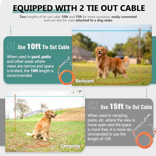 Professional Dog Runner Trolley System,Heavy Duty 30ft Dog Zip Line with 10ft & 15ft Tie Out for Large Dogs Up to 250lbs, Outdoor Dog Run Cable Leash for Backyard, Camping, Park and Outside Adventure