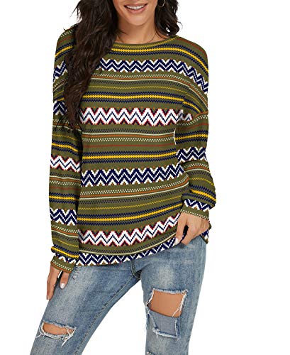 JINKESI Women Long Sleeve Tops Color Block Sweatshirts Round Neck Loose Tunic Top Khaki-Medium
