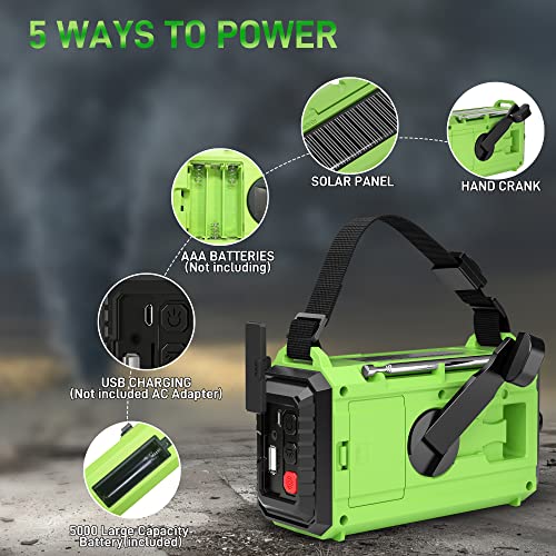 NOAA Emergency Weather Radio,5000mAh Weather Alert Radio,Solar Charging,Hand Crank & USB Charged,Portable AM/FM/SW Radio with Best Reception,Flashlight,Reading Lamp,SOS Alarm,for Home Outdoor(Green)