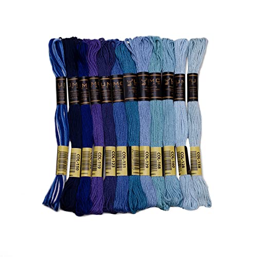 UMC STAG 12 Pieces | Premium Embroidery Thread | 100% Egyptian Cotton Premium Skeins | Cross Stitch Embroidery Floss | Oeko TEX Certified Stranded Cotton (Blue Tones)