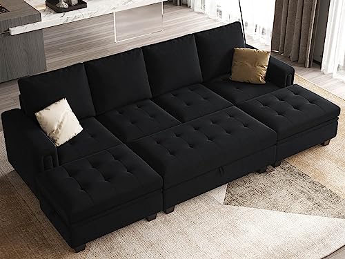 Belffin Velvet Convertible 4-Seat Sectional Sleeper Sofa with Reversible Chaise Sleeper Sectional Couch Bed with Storage Ottoman Sectional Sofa Couch Set Black