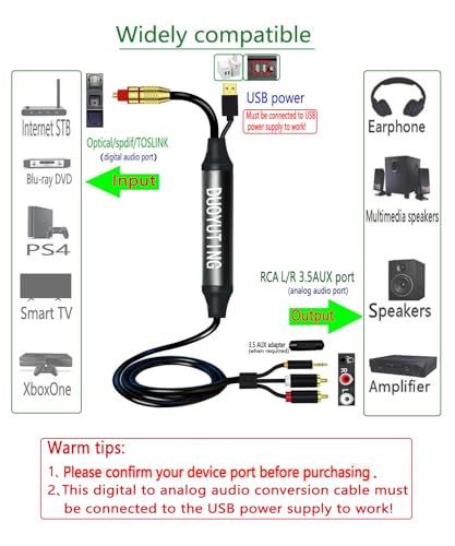DUOYUTING Digital to Analog 3.5mm AUX Audio Cable, 2 RCA Adapter, All-in-one D/A Audio Converter, for TV/PS4/Xbox/DVD SPDIF/TOSLINK/Optical Port to Sound Box Amplifier Headphones (16.5FT)