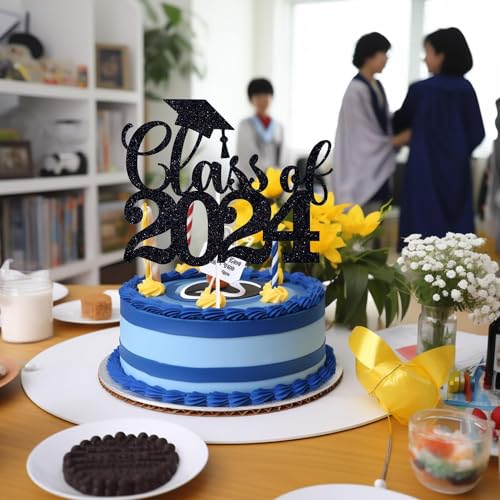 Class of 2024 Cake Topper 6Pcs Glitter Congrats Grad 2024 Congrats Graduation Party Decorations Supplies, Black