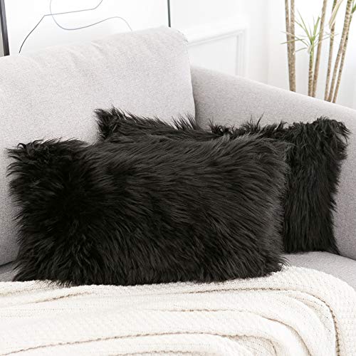 WLNUI Set of 2 Black Decorative Pillow Covers New Luxury Series Merino Style Faux Fur Fluffy Throw Pillow Covers Square Fuzzy Cushion Case 20x20 Inch
