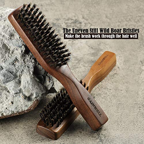 Mens Wild Boar Bristle Hair Brush for Men - Slick Back Hair Brush - Stiff Bristles for Thick Hair, Natural Black Walnut Wooden Handle Hairbrush, Beard Mustache Brush Comb by GAINWELL, Gift for Men