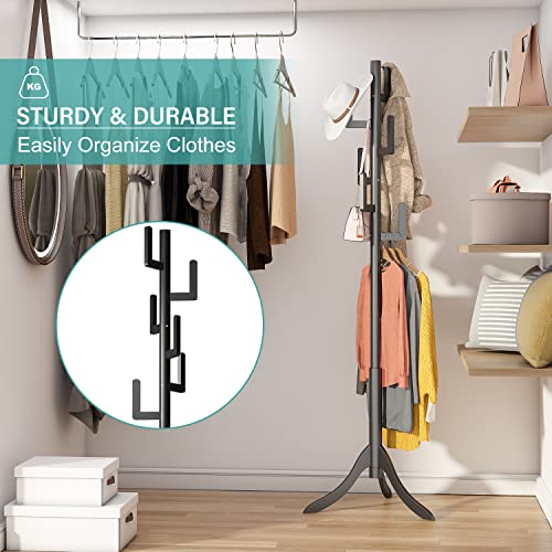 Vriccc Black Coat Rack Freestanding, Bamboo Cactus Coat Tree, Adjustable Height Wooden Coat Stand with 6 Hooks, kids coat rack, Used In The Bedroom Living Room, Office To Hang Clothes, Hats, Bags