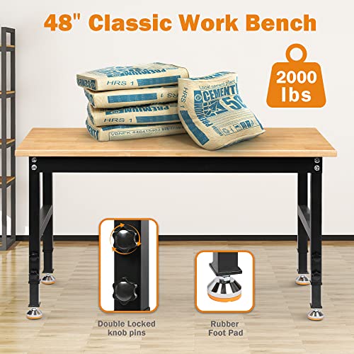 Betterhood 60" Adjustable Workbench for Garage, Rubber Wood Heavy Duty Workstation with Power Outlets & Wheels, 2000 LBS Load Capacity Hardwood Worktable for Workshop, Garage, Office, Home, Commercial