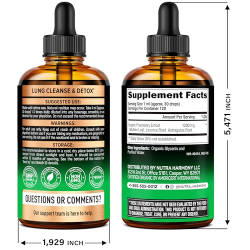 Mullein Drops for Lungs - USDA Organic Liquid - Mullein Leaf Extract Supplement - Made in USA - Lung & Bronchial Cleanse for Smokers - Respiratory Health Support - As Tincture, Tea, Pills - 4 fl oz