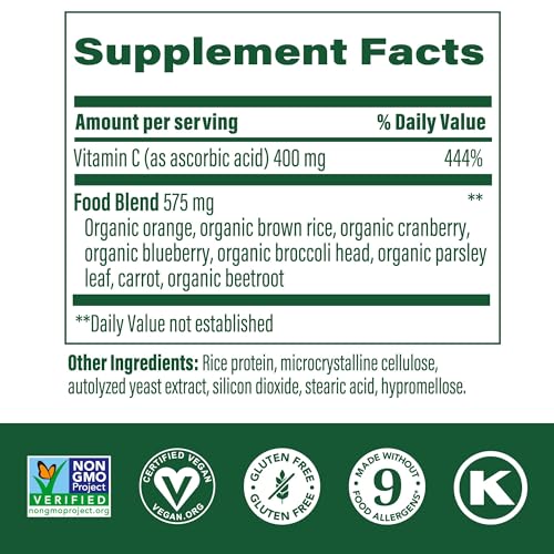 MegaFood Ultra C 400 mg - Vegan Immune Support Supplement with Vitamin C, Made with Real Food Including Broccoli, Carrot, Cranberry & Brown Rice, Gluten-Free, Kosher - 60 Tablets, 60 Servings