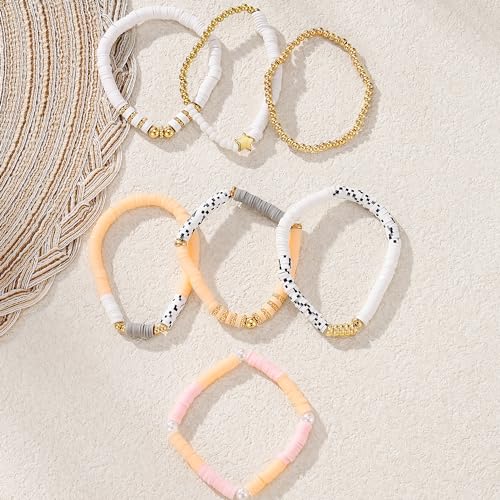 KISS WIFE Surfer Heishi Clay Beaded Bracelets for Women, Summer Beach Jewelry Bohemian Stackable Stretch Friendship Bracelet Set, Trendy Cute Preppy Stuff (9-Apricot Brown Star) (1-Apricot Pink Beads)