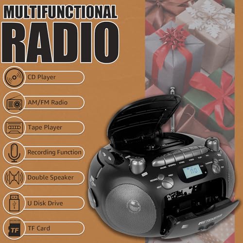 Retekess TR630 Cassette Tape Player, CD Boombox Radio, Portable CD and Cassette Player Combo, Recording Transcription, USB, Micro SD, LCD Display, for Home