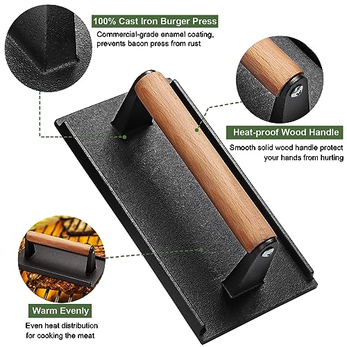 EWFEN Burger Press, 8.2"X4.3" Rectangle Heavy-Duty Cast Iron Smash Bacon Press Meat Steak with Wood Handle for Griddle, Sandwich, Nonstick Pan