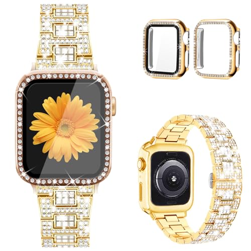 Mesime Compatible for Apple Watch Band with Screen Protector Case, Jewelry Replacement Bands 45mm 44mm 42mm 41mm 40 mm 38mm 2 Pack Bling Protective Cover for iWatch Series 9/8/7/6/5/4/3/2/1/SE Women