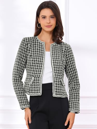Allegra K Women's Plaid Tweed Blazer Long Sleeve Open Front Work Office Short Jacket Small Burgundy