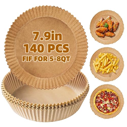 PABUES 7.9inch 140 Pcs Air Fryer Disposable Paper Liner,Non-Stick Parchment Paper, Oil Resistant, Waterproof, Food Grade Baking Paper for 5-8 QT Air Fryer Baking Roasting Microwave