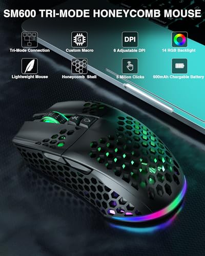 SOLAKAKA SM600 Honeycomb Shell Gaming Mouse Wireless,8000 DPI Tri-Modes BT5.1/2.4G Wireless/Type-C Wired Gamer Mouse with 2 Side Buttons, Macro Programmable and RGB Light for PC/Mac/Laptop,Black