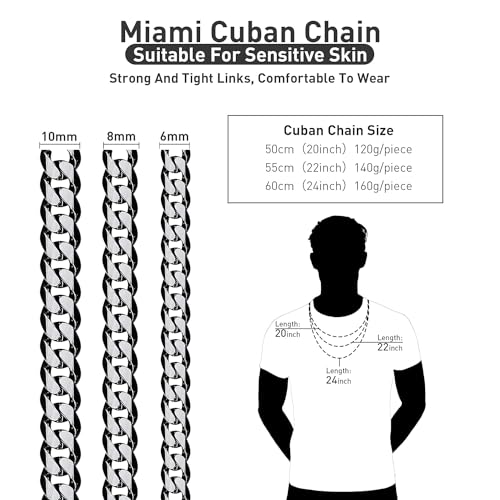 YAMI Cuban Link Chain for Men Women, 6/8/10/12 mm Mens Necklace, Two Tone Silver to Blue/Black/Gold Stainless Steel Cuban Necklace, 18/20/22/24/26 Inches Solid Diamond-Cut Chain Necklace Hip-Hop Gifts