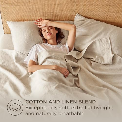 Bedsure Linen Sheets - Twin Linen Bed Sheet, 3 Pcs Twin Sheets Set Cotton Linen, Linen Cotton Blend Sheets for All Seasons, 1 Flat Sheet, 1 Fitted Sheet and 1 Pillowcase (Linen, Twin)