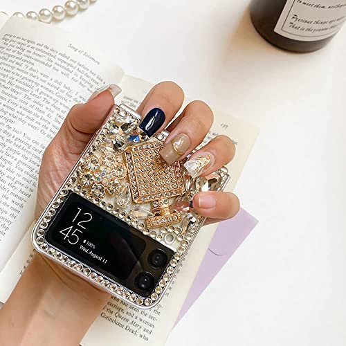 Poowear for Samsung Galaxy Z Flip 4 5G Case,Luxury Bling Diamond Rhinestone Gemstone 3D Perfume Bottle and Flower Gemstone Soft TPU Back Cover Case for Women Girls with Galaxy Z Flip 4 5G (2022)