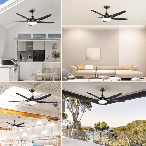 CJOY 54 inch Ceiling Fans with Lights and Remote, Black Ceiling Fan with Light 5 Blades, Dimmable LED 3000K/4000K/6500K, Quiet Reversible DC Motor, 6 Speeds,Timer, Indoor/Outdoor