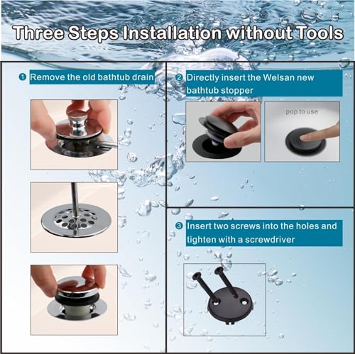 Black Tub Drain Stopper,Welsan Universal Pop Up Bathtub Stopper Replacement Tip Toe, Lift and Turn with 2-Hole Overflow Face Plate Cover and EZ Bath Tub Plug Stopper (Matte Black)