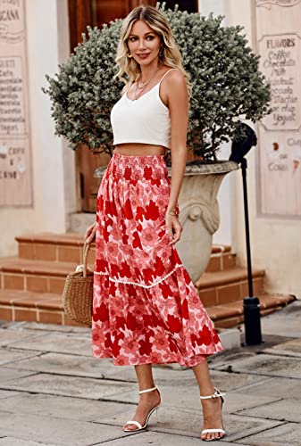 BTFBM Women 2024 Summer Spring Floral Long Skirts Casual Elastic High Waist Pleated Swing A Line Boho Beach Maxi Skirt(Flower Blue Pink, Medium)