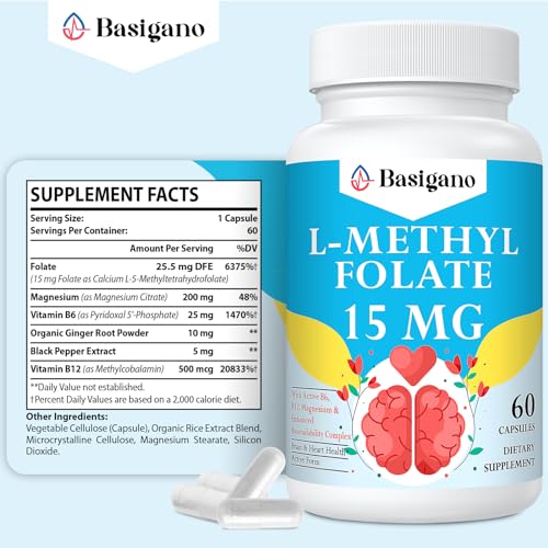 Basigano 15mg L Methylfolate (5-MTHF)- Active Folic Acid-Enriched with Vitamins B6 and B12-60 Vegetarian Capsules - Non-GMO, Gluten-Free