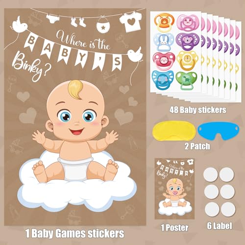 Atiloy Pin The Pacifier On The Baby Game - Baby Pacifier Games Poster with 64 Pacifier Stickers for Baby Shower Party Favors, Boys and Girls Kids Birthday Party Supplies