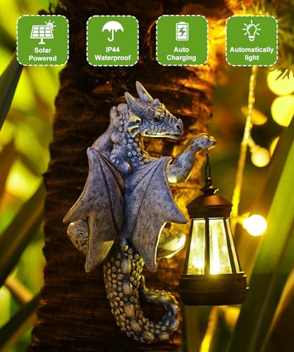 Fashionoda Dragon Tree Hugger with Solar Lantern - 9.3 Inch Resin Dragon Statue for Outside Garden Yard Decor,Unique Outdoor Dragon Gifts & Birthday Gifts for Mom Women Grandma