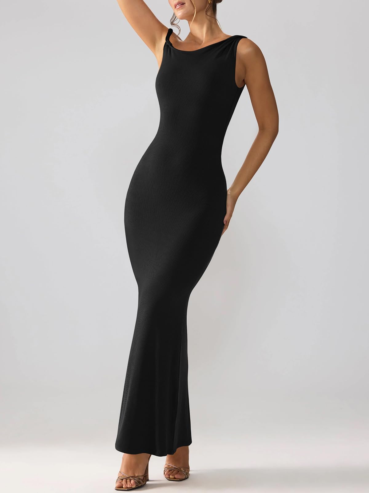 REORIA Women Summer Bodycon Maxi Dress Off Shoulder Elegant Cocktail Formal Sleeveless Wedding Guest Dresses Black S