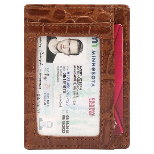 BOTANNER Genuine Leather Slim RFID-Blocking Card Holder – 3 Card Slots, 1 ID Window, 2 Additional Pockets,1 note section Croc-Embossed Design | Unisex (Chestnut)