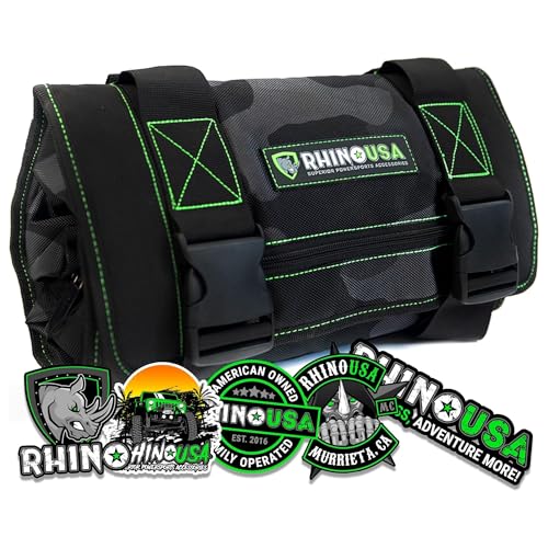 Rhino USA Tool Bag Roll - Heavy Duty Canvas Organizer Pouch for Tools - Ultimate Travel Tool Storage Kit for UTV, Car, Truck, 4x4 Offroad - Upgraded with Labeled & Removable Pouches - Secured for Life