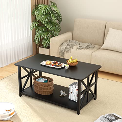 GreenForest Coffee Table with Round Corner, Farmhouse Center Table with 2-Tier Storage Shelf X-Frame Design for Living Room, 39 inch Black
