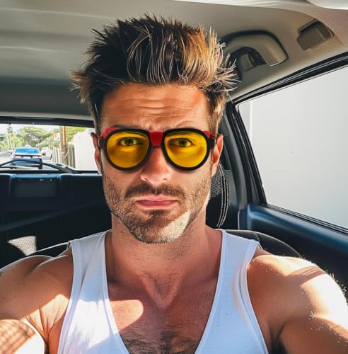 FEISEDY Steampunk Sunglasses Women Men,Polarized Yellow Lens, Retro Round Vintage Frame Leatherwear B0159