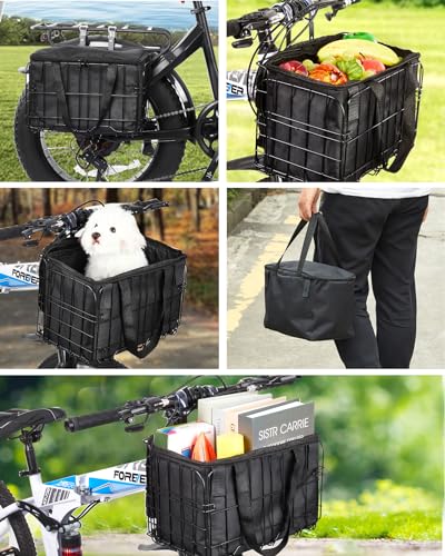 Zacro Bike Basket Front/Rear, Folding Bicycle Basket with Removable Liner Bag, Large Quick Release Design Metal Ebike Basket for Adult Women/Men Carrying Dogs, Pets, Fruit & Grocery
