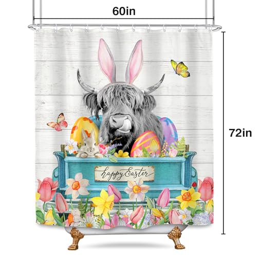 SVBright Farmhouse Highland Cow Shower Curtain 60Wx72L Inch Wildflower Cow Shower Curtain Bull Rustic Cattle Funny Western Curtains Truck 12 Hooks Polyester Waterproof Flower Bathroom Bathtub Panel