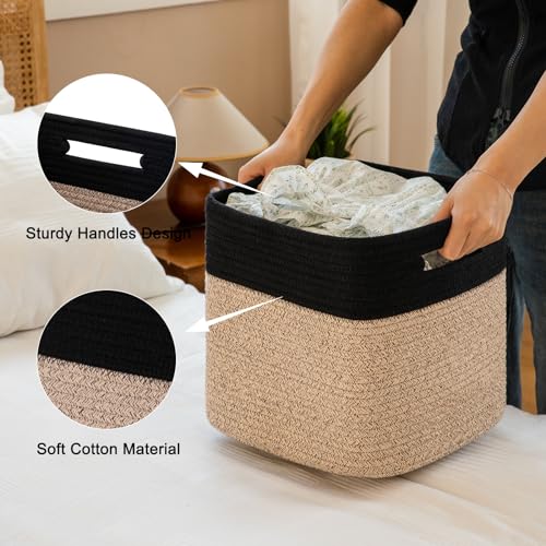 SIXDOVE Storage Cubes 11 Inch Cotton Rope Woven Baskets for Organizing, 3-Pack Cube Storage Bin | Square Baskets for Shleves, Closet, Baby Nursery Bins, Black & Brown