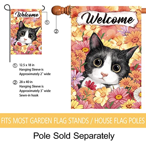 Morigins Welcome Floral Flowers Yard Flag Decorative Cute Kitty Spring Summer Double Sided House Flag 28x40 inch