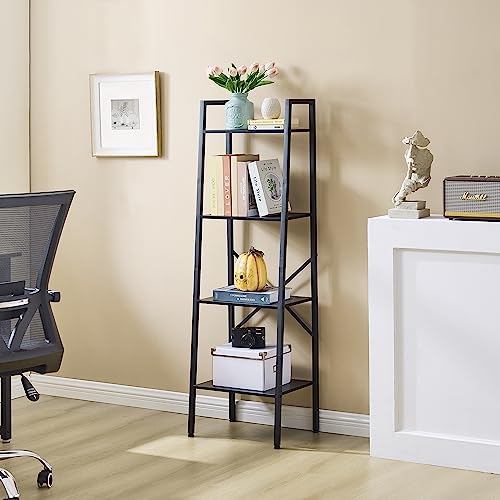 Hoctieon 4-Tier Industrial Ladder Bookshelf, Narrow Ladder Shelf, Tall Standing Bookshelf, Skinny Open Ladder Shelf, for Living Room, Home Office, Kitchen, Bedroom, Metal Frame, Black