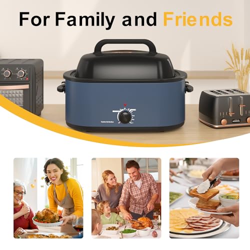 Royalcraft Roaster Oven with Self-Basting Lid, 18qt Electric Roaster with Removable Pan & Rack, Turkey Roaster Oven with Defrost & Warm Function, Stainless Steel, Black