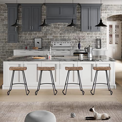 JUBILOOM Bar Stools, 24 Inch Kitchen Counter Height Stools with Metal Leg, Bar Chairs with Wood Saddle Seat, Industrial Backless Stools for Kitchen Island, Dark Brown Seat, Black Metal, 624PBR1