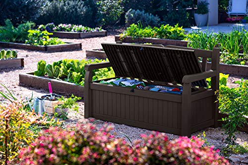 Keter Solana 70 Gallon Storage Bench Deck Box for Patio Furniture, Front Porch Decor and Outdoor Seating – Perfect to Store Garden Tools and Pool Toys, Brown/Brown