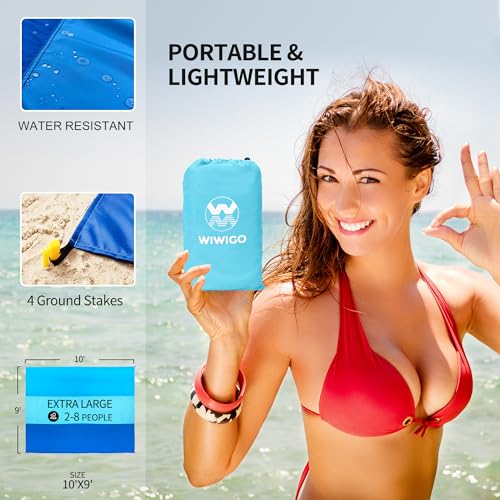 WIWIGO Beach Blanket Sandproof Extra Large Beach Mat Adults Waterproof Quick Drying Sand Free Mat Made by Premium Polyester with 4 Stakes & 4 Corner Pockets for Outdoor Travel Camping Hiking