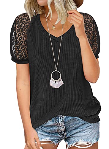 MIHOLL Women's Striped Short Sleeve V Neck Shirts Loose Casual Tops Blouse