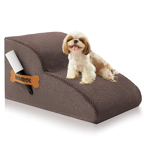 Dog Stairs, Romrol High Density Foam Dog Steps for High Bed and Couch, Dog Ramp, Pet Stairs for Small Dogs and Cats or Pets Joints, 3-Step