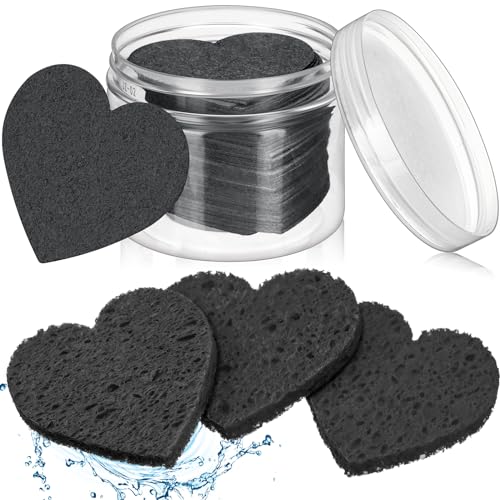 Nuenen 60 Pieces Facial Sponges with Container, Heart Shape Compressed Face Sponges Natural Cleaning Pads for Washing Face Cleaning Exfoliating Esthetician Makeup Removal(Black)
