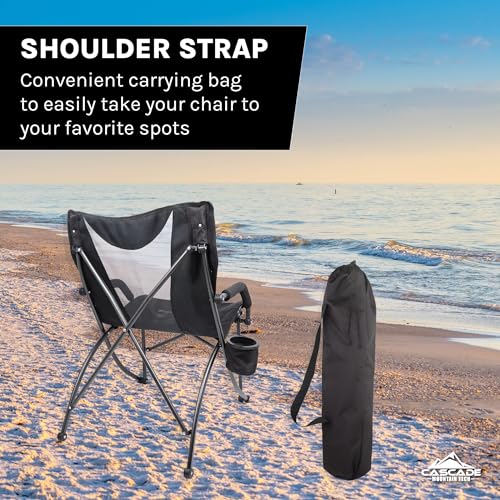 Cascade Mountain Tech Camping Chair - Low Profile Folding Chair for Camping, Beach, Picnic, Barbeques, Sporting Event with Carry Bag , Black